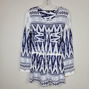 Romeo+Juliet Blue White Geometric Drawstring Long Sleeves Mini Romper Size M